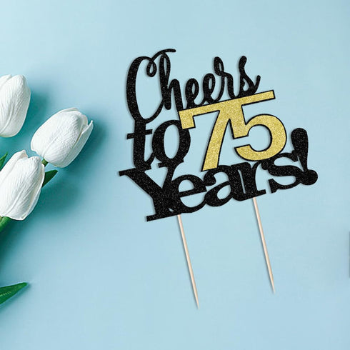 LVEUD Black Font Golden Numbers Cheers to 75 Years Happy Birthday Cake Topper - Wedding, Anniversary Decorations