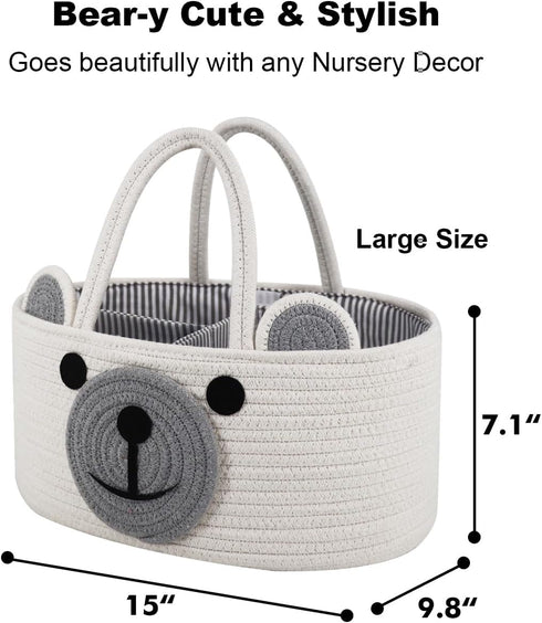 Home & Tots Baby Diaper Caddy Organizer, Large Cotton Rope Nursery Storage Basket (White, Bear Design)