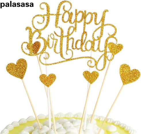 PALASASA Happy Birthday Cake Toppers Gold Glitter Letters "Happy Birthday" and Love Star, Party Decorations, Set of 7