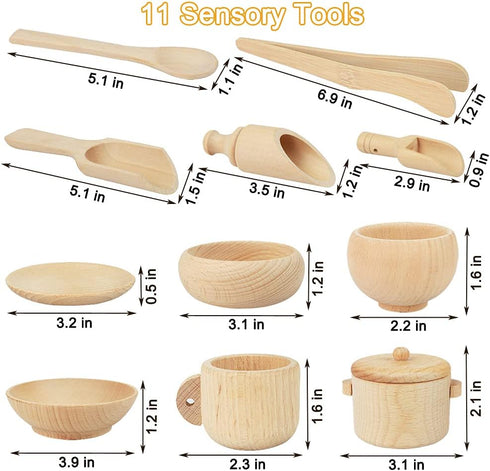 12 Pcs Wooden Sensory Bin Tools, 1 Wooden Box + 11 Sensory Tools for Toddlers, Montessori Learning Toys