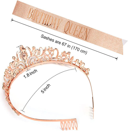 COCIDE Birthday Sash & Tiara Set, Rose Gold Crowns and Tiaras for Women, Rhinestone Queen Headband, Glitter Crystal