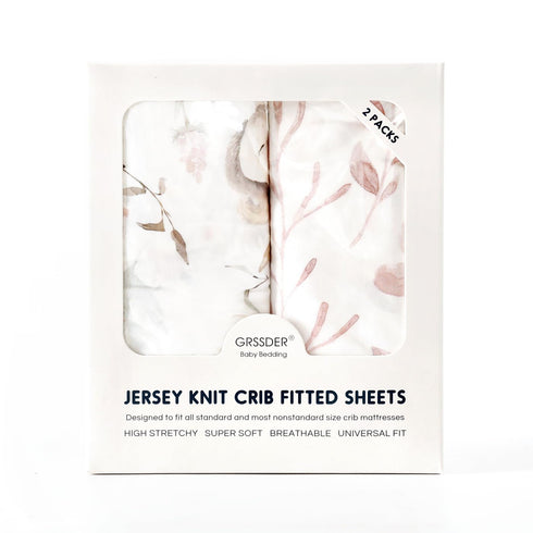 GRSSDER Stretch Ultra Soft Jersey Knit Fitted Crib Sheets Set, 2 Pack, Blush Pink Floral and Cute Animals