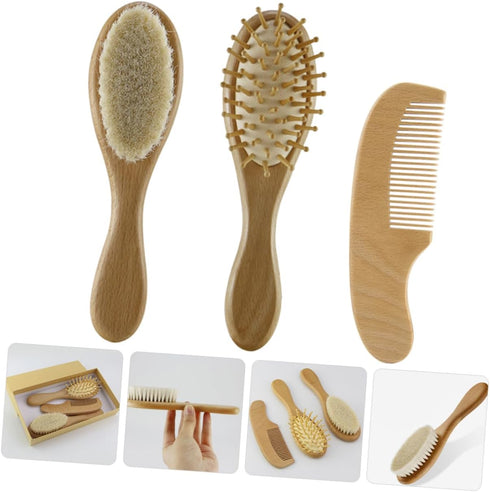 Set Baby Shampoo Brush Comb Newborn Hair Kit Soft Wool Brush Wooden Comb Grooming Supplies Non-Slip Design