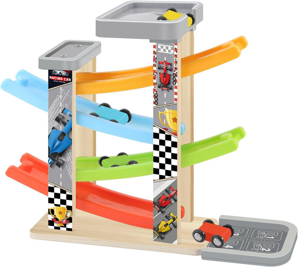 Wooden Car Ramp Toy Set, Montessori Ramp Set Includes 4 Mini Cars