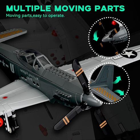 P-51 Set 258 ArtorBricks Mustang Fighter Airplane Military Building with Display Stand - Piece Model Kit for Adults