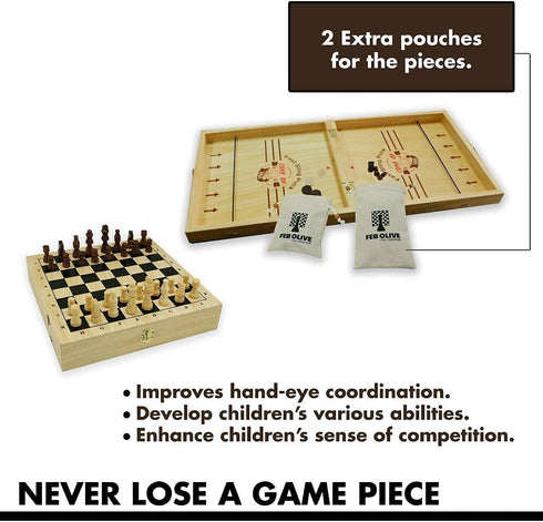 4 in 1 Board Game Set - Extra Large Sling Puck Game, Wooden Chess Board Sets, Checkers for Adults and Kids