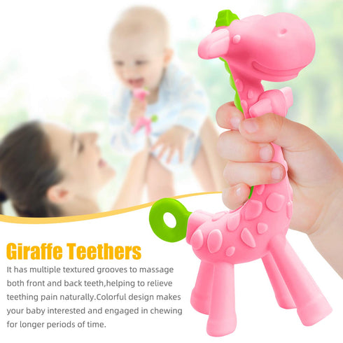 3 SHARE&CARE BPA Free Silicone Giraffe Baby Teether Toy with Storage Case, for Months Above Infant Sore Gums Pain