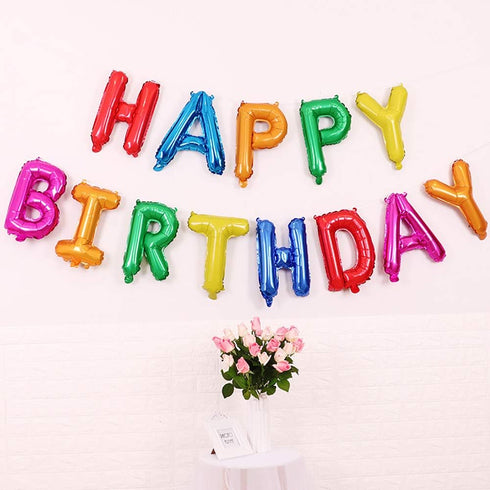 Rainbow Happy Birthday Balloons Banner, 16 Inch Mylar Foil Letters, Reusable Party Decorations