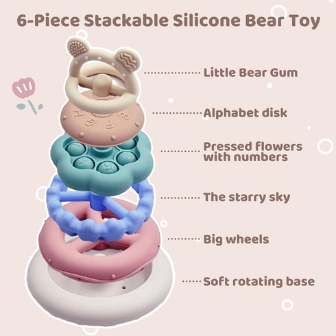 Set 6+ Baby Bear Teething & Stacking Toy - Teething Toys Silicone Teethers, Soft Baby Stacker Rings Teether, Learning