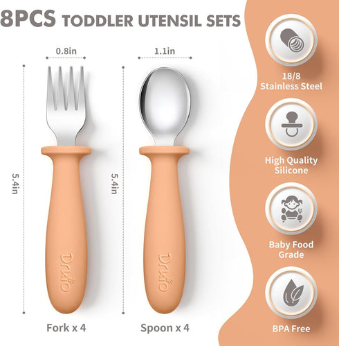 8 Pieces Toddler Utensils Set - Kids Silverware Set with Silicone Handle Children Safe 18/8 Stainless Steel Forks and Spoons Anti-Choke Design Food Grade Dishwasher Safe by DRKIO