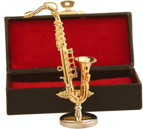Dselvgvu 3.16"x1.69"x0.63") Miniature Saxophone with Stand and Case Brass Mini Musical Instrument Replica Collectible