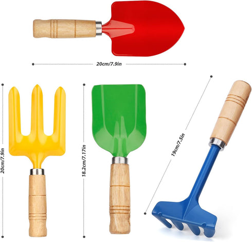 Anzmtosn Kids Metal Garden Tool Set, 4 Pack Sand Toy with Rake, Spade, Hoe, and Leaf Rake for Outdoor Gardening