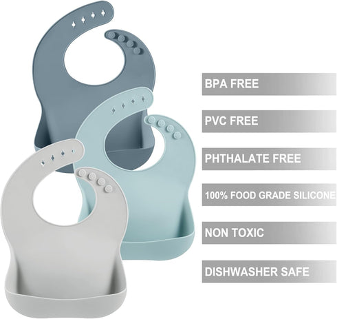 PandaEar 3 Pack Silicone Bibs for Boys and Girls, Adjustable Waterproof Eating Bibs with Large Food Catcher