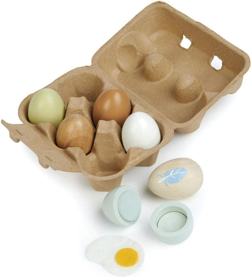 6 3+ Tender Leaf Toys - Wooden Eggs - Pieces Pretend Food Play Solid-Wood Eggs with Carton Box, Realistic Easter Egg
