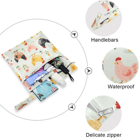 Haskirky 2 Cartoon Chickens Floral Pcs Cloth Diaper Wet Dry Bags,Waterproof and Washable Bag for Travel Reusable Wet