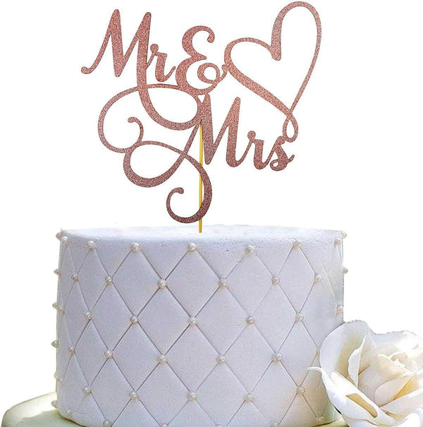 Mr and Mrs Cake Topper, Bride and Groom Sign Wedding Engagement Decorations, Double-faced Rose Gold Glitter
