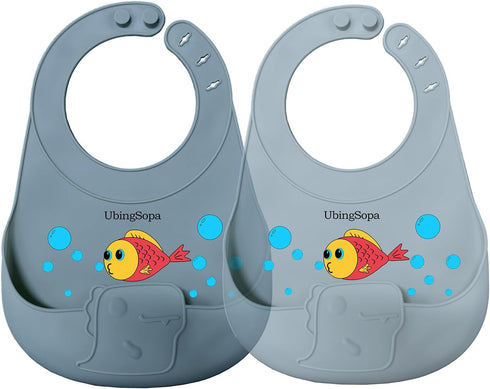 Silicone Baby Bibs Adjustable, Soft, Waterproof & Durable, with Large Food-Catching Pocket,