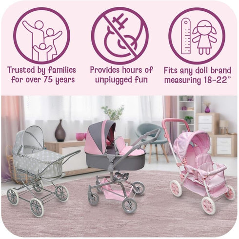 Badger Basket Double Doll Stroller - Foldable Tandem Stroller for Dolls with Canopy, Basket & Safety Belts