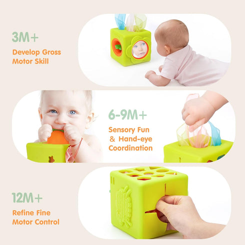 6-12 6 6-in-1 9 hahaland Silicone Baby Tissue Box Toy - Baby Toys Months Montessori Toys for Month Old Babies, Soft