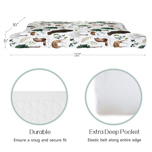 Woodland Animals Pine Tree Changing Pad Cover for Baby Girl Boy, Natural Forest Bear Deer Fox Diaper Change Table Covers, Soft Stretchy Safe Snug Fitted Changing Mat Sheets Fit 32"/34" x 16"