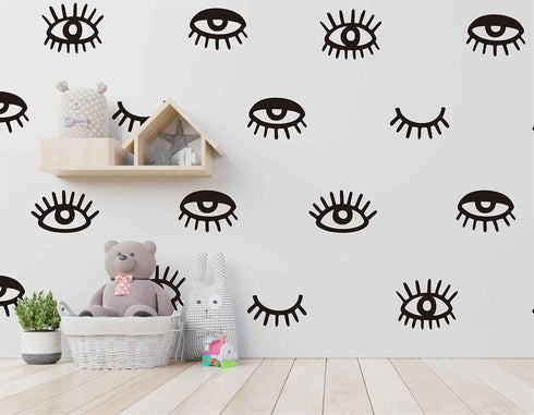 44pcs Eye Pattern Sticker for Girl's Bedroom, Eyelash Decals Modern Wall Decor, Removable Wall Sicker SK018 (Black)