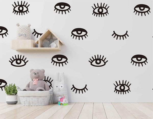 44pcs Eye Pattern Sticker for Girl's Bedroom, Eyelash Decals Modern Wall Decor, Removable Wall Sicker SK018 (Black)