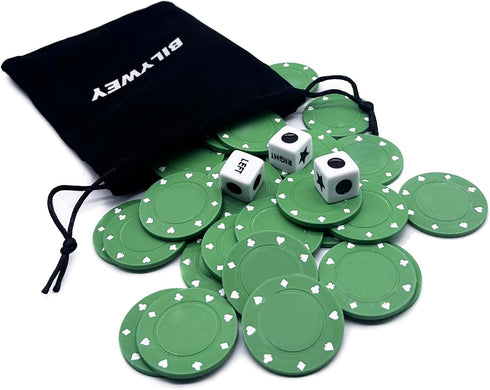 Annietfr Upgrade Left Right Center Dice Game Set, 3 Dices + 30pcs Green Poker Chips + Black Storage Tin