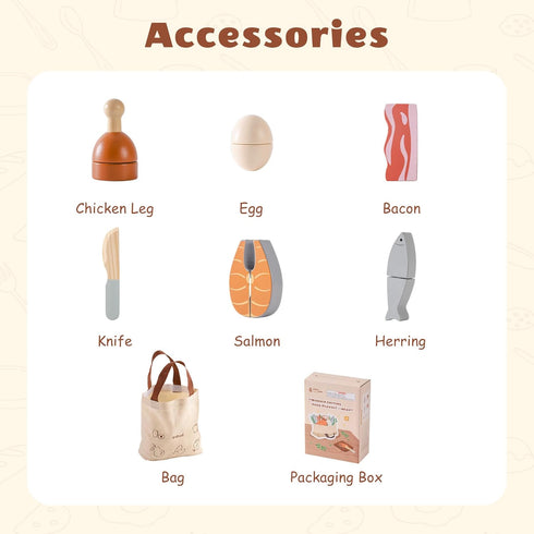 Set, 3+ Set ROBUD Wooden Play Food Cutting Toy Food for Pretend Kids Play Kitchen Accessories Toy Food with Storage