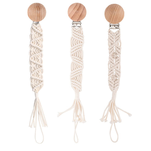 Boho Pacifier Clip for Boys Girls - Handmade Braided Cotton Holder Leash, Wooden Clips, Unisex Baby Shower Gift
