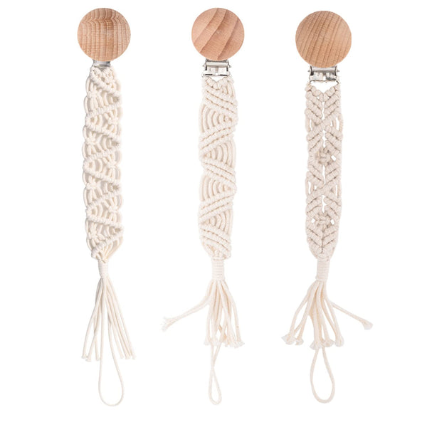 Boho Pacifier Clip for Boys Girls - Handmade Braided Cotton Holder Leash, Wooden Clips, Unisex Baby Shower Gift