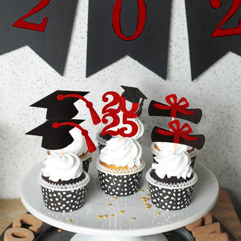 Red Glitter Graduation Cupcake Topper Class of 2025, Food/Appetizer Picks for Graduation Party (24pcs)