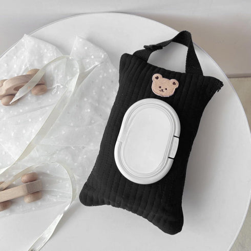 Floral Quilted Wipe Holder - Portable Baby Wipe Pouch for Travel (Black, Bear)