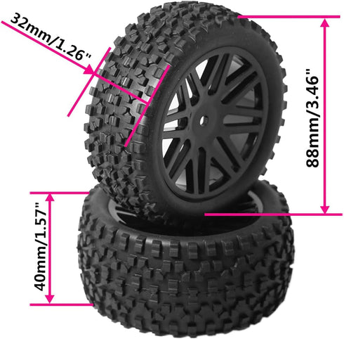 12mm Hex Wheel Rims with Mesh Shape Rubber Tires and Sponge, 88mm/3.46" Replacement for 1/10 RC Off-Road Car Truck