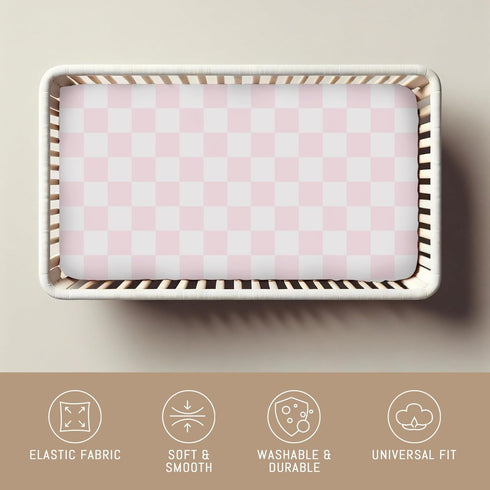 Selgkds 52''x28'' Pink and White Checkered Baby Crib Sheets for Girls Gingham Plaid Checkerboard Soft Snug Fitted Crib
