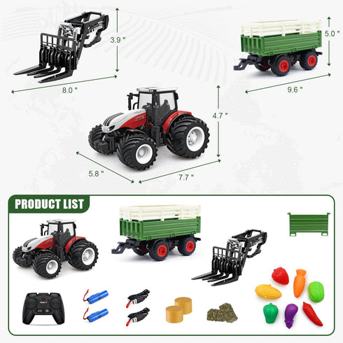 Set 1/24 2.4Ghz 6, 7, 8, 9 fisca Remote Control Tractor Toy RC Farm with Trailer Front Forklift, Scale Electronic Farm