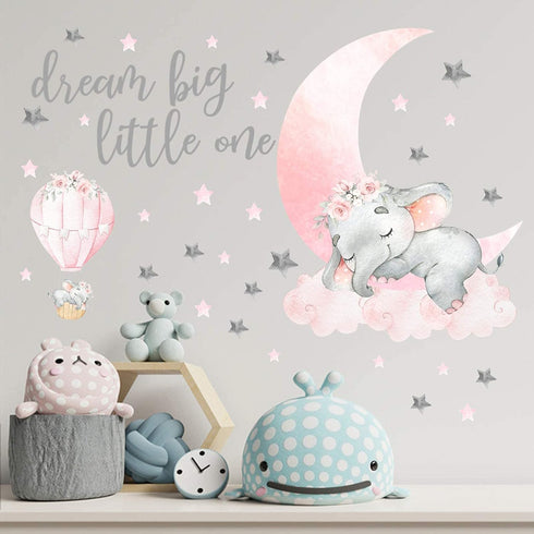 Yovkky Girls Sleeping Elephant Dream Big Nursery Wall Decals, Watercolor Pink Moon Hot Air Balloon Grey Star Decor