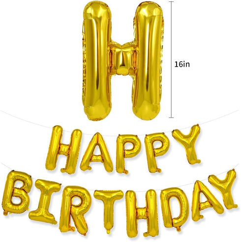 TONIFUL 3D Gold Happy Birthday Banner with Ribbon Straw, 16 Inch Mylar Foil Letters for Kids & Adults Birthday Supplies