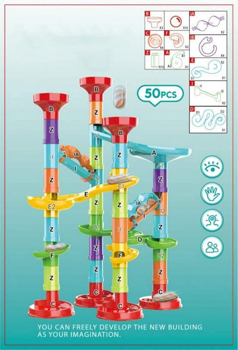 50Pcs Marble Run Set Building Blocks with 30 Glass Marbles for Kids, Girls, Boys Toys, Educational Race Game