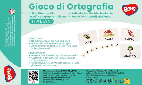 BOHS Italian Literacy Wiz Fun Game - 60 Flash Cards - Educational Toys for Preschool Language Learning - See and Hide