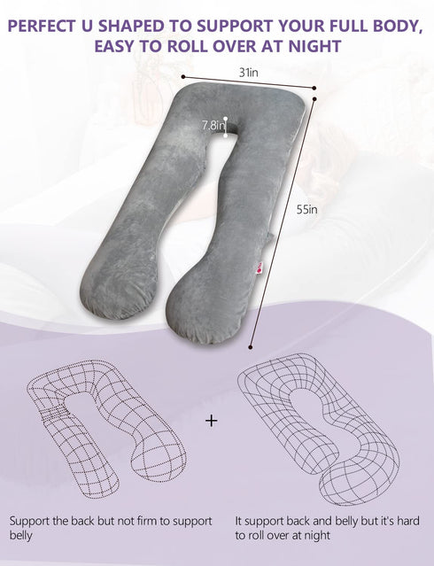 Meiz U Shaped Pregnancy Pillow with Removable Velvet Cover (Gray)
