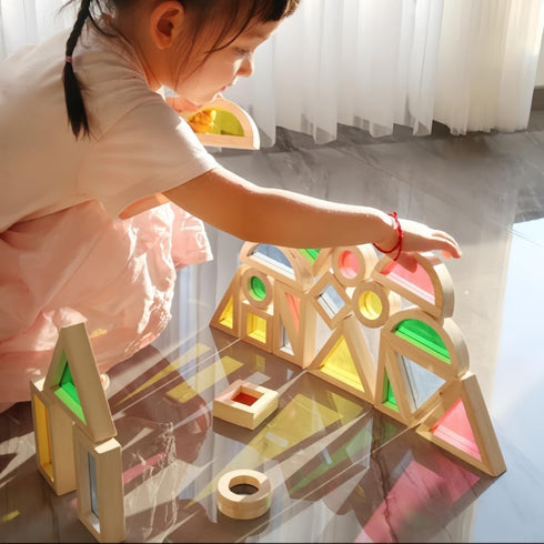 Wooden Rainbow Blocks, Acrylic Blocks, Colorful Preschool Learning Educational Toys for Toddlers (25 PCS)