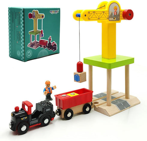 DSHMIXIA Wooden Train Track Accessories Wooden Crane Toy Set with Train Cars for