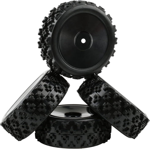 4 Pcs 1/10 On-Road Wheels and Tires, 12mm Hex Black Hard Dish Wheel and Rally Block Tyre for Street Racing