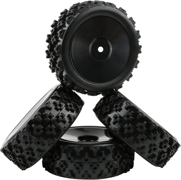 4 Pcs 1/10 On-Road Wheels and Tires, 12mm Hex Black Hard Dish Wheel and Rally Block Tyre for Street Racing