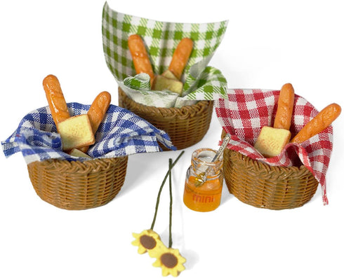 Miniature Food Dollhouse Accessories 9PCS Decor with 1:12 Scale Bread, Honey Basket, Picnic Cloth, and Flowers