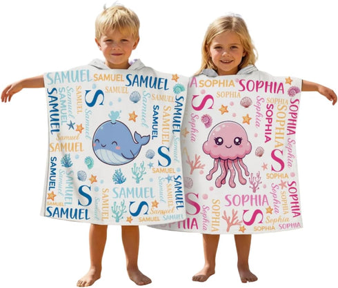 Cute and Beachy Custom Name Personalized Kids Hooded Towel, Toddler Beach Cover