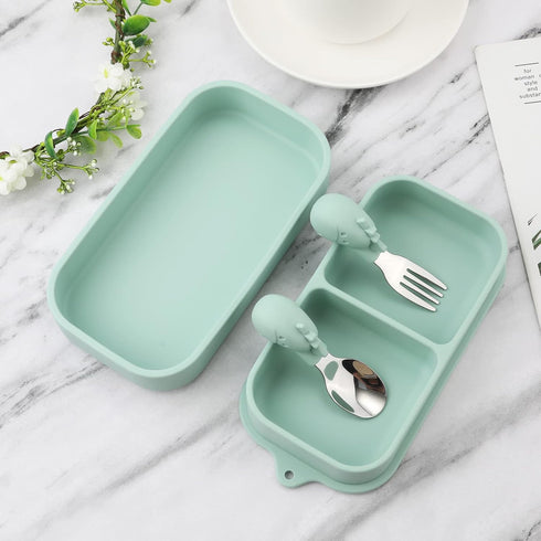 4pcs Travel Suction Plate Set for Baby, Portable Silicone Divided Bowls with Utensils for Toddler, Green