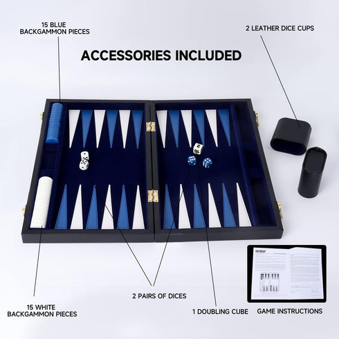 GSE Games & Sports Expert Premium Leather Backgammon Game Set with Leather Case, Travel Folding Board (Black&Blue)