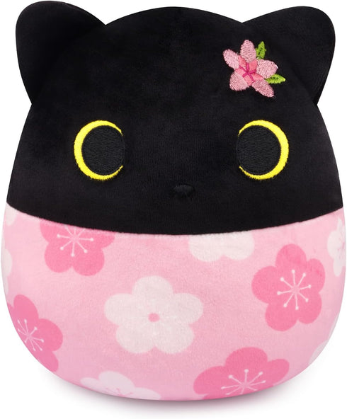 Spring Stuffed Animal Black Cat Plush,Soft Sakura Cat Plush with Sakura Embroidery