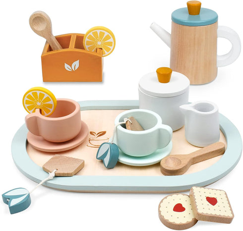PairPear Wooden Tea Set for Little Girls, Wooden Toys Toddler Tea Set